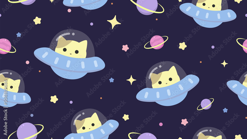 Cute cat seamless pattern vector. Adorable cats, space, planet, stars, rocket, galaxy on dark background. Cute animal repeated in fabric pattern for prints, wallpaper, cover, papers, packaging.