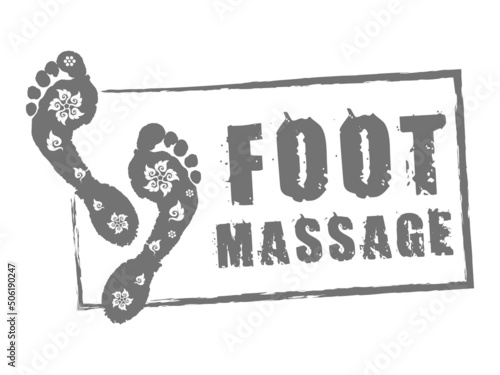 Foot massage stamp in gray. Reflexology. Foot massage logo with traditional thai ornament for your web site design, app, UI. Rubber stamp on white background. EPS10.