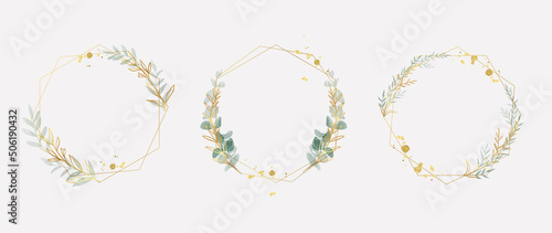 Luxury botanical gold wedding frame elements on white background. Set of polygon shapes, glitters, eucalyptus leaves, leaf branches. Elegant foliage design for wedding, card, invitation, greeting. photo
