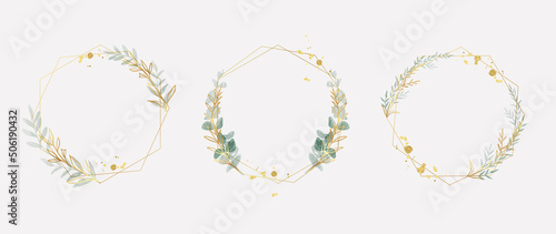 Luxury botanical gold wedding frame elements on white background. Set of polygon shapes, glitters, eucalyptus leaves, leaf branches. Elegant foliage design for wedding, card, invitation, greeting.