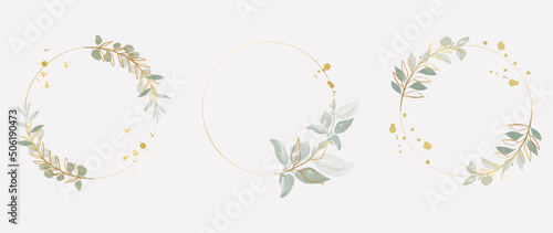 Luxury botanical gold wedding frame elements on white background. Set of circle shapes, glitters, eucalyptus leaves, leaf branches. Elegant foliage design for wedding, card, invitation, greeting.