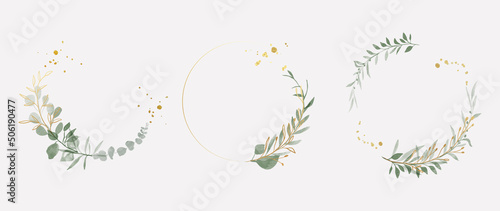 Luxury botanical gold wedding frame elements on white background. Set of circle shapes, glitters, eucalyptus leaves, leaf branches. Elegant foliage design for wedding, card, invitation, greeting.