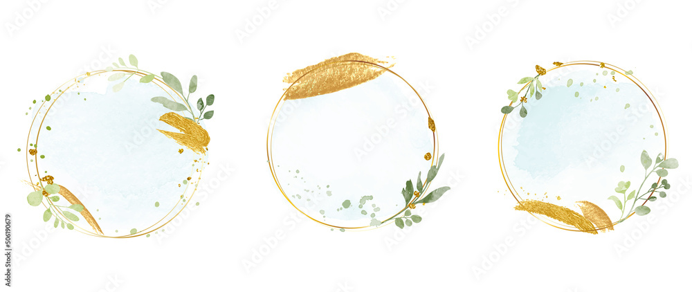 Luxury botanical gold wedding frame elements on white background. Set of circle shapes, glitters, eucalyptus leaves, leaf branches. Elegant foliage design for wedding, card, invitation, greeting. - obrazy, fototapety, plakaty 