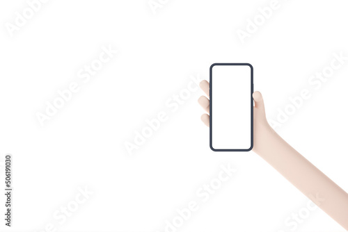 Hand holding 3D Smartphone isolated on white background. Cartoon mobile phone screen for template or mockup. 3d render illustration.