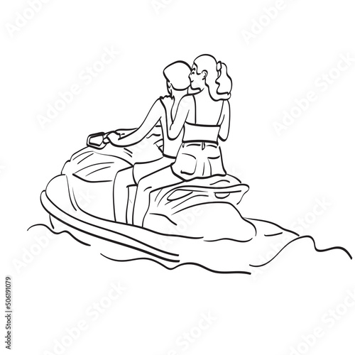 Couple driving jetski on vacation illustration vector hand drawn isolated on white background line art.