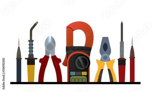 Tools for electrician. Repair of radio electronic and microprocessor equipment. Spare parts components and service. Isolated on white background. Vector