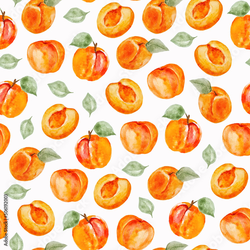 Watercolor hand drawn seamless pattern with apricots and leaves
