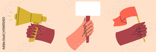 Set of colorful hands holding different objects. Hands with  banner, flag, megaphone. Colored flat graphic vector isolated illustration.