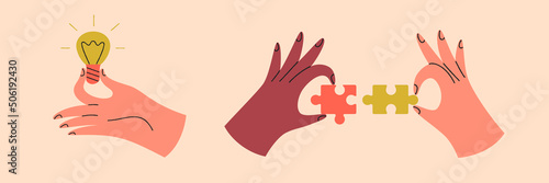 Set of colorful hands holding different objects. Different gestures. Hands with lightbulb-idea, puzzles. Colored flat graphic vector isolated illustration.