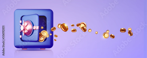 3D open safe box with flying golden coins. Money protection render. Frontal view. Banking safety clip art.