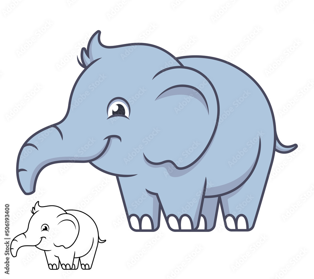 Cute Happy Baby Elephant with Black and White Line Art Drawing Cute Happy Baby Elephant with Black and White Line Art Drawing
