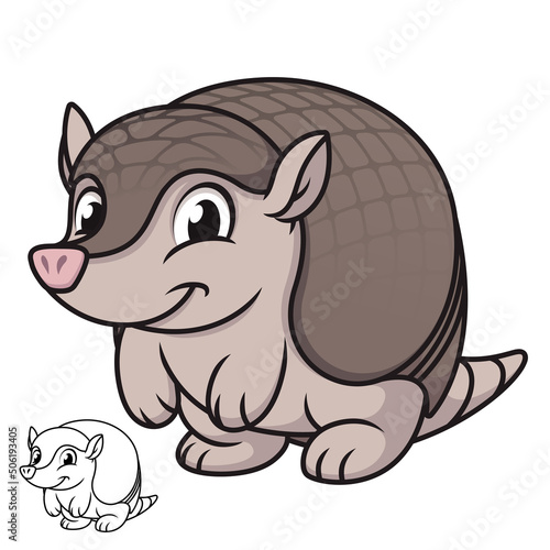 Cute Happy Baby Armadillo Standing with Black and White Line Art Drawing