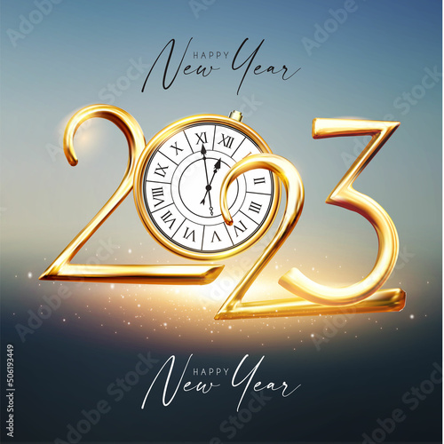 Happy 2023 New Year Elegant Christmas congratulation with 3D realistic gold metal text and sot light effect photo