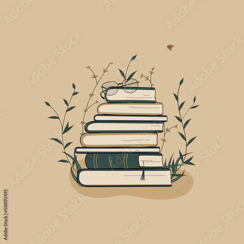 Concept:book is source of knowledge.Glasses on stack of books.Pile of volumes surrounded by plants as symbol of education and reading book.For library or bookstore.Hand drawn raster