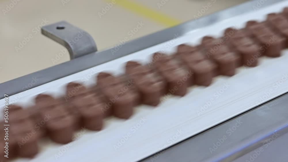 Conveyor with passing chocolate bars. Chocolate Factory.