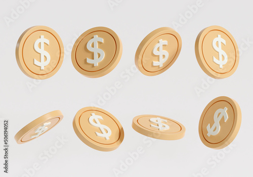 3D Set of gold coin view rotate different angle. business financial money symbol. isolated on white background. 3d render illustration minimal style.