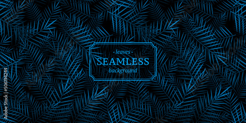 Dark blue seamless background with tropical leaves. Organic product label template. Stock vector illustration.