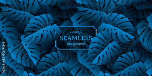 Dark blue seamless background with monstera leaves. Organic product label template. Stock vector illustration.