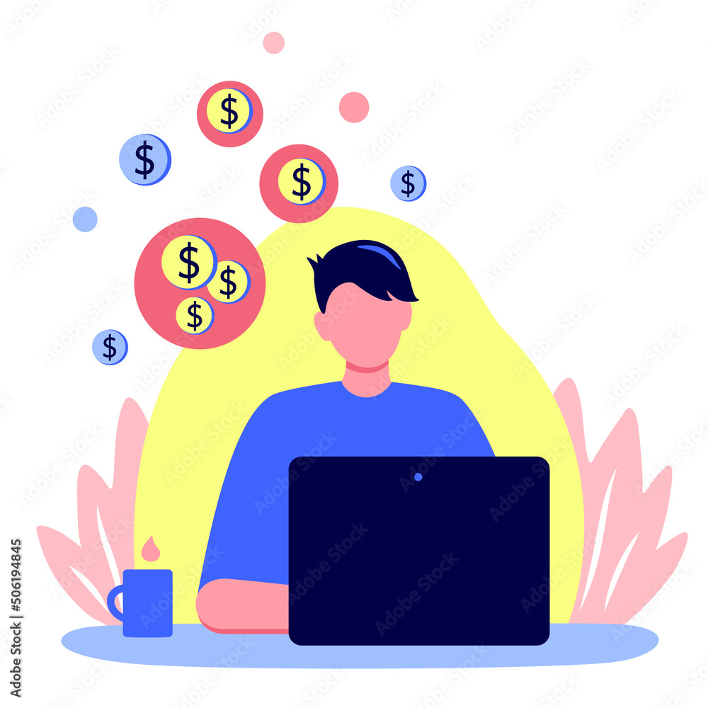 A man thinks about money sitting at a computer. The concept of investment,  business idea, financial problem, budget planning. Modern Vector  Illustration in flat cartoon style. Isolated on white. Stock-Vektorgrafik |  Adobe