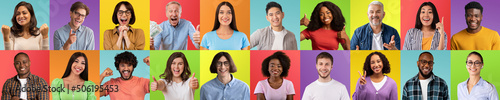 Multiple Joyful People Of Different Age And Ethnicity Posing Over Bright Backgrounds