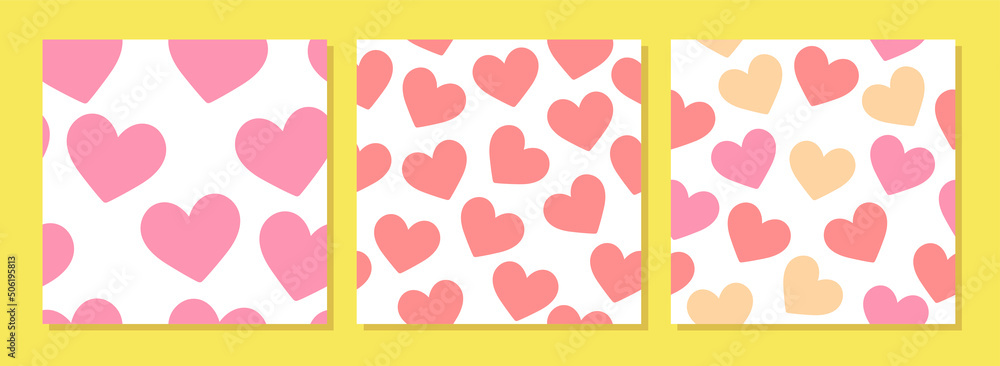 Simple heart seamless pattern in retro style yellow and pink colors. Square posters with hearts, cover, wallpaper, template for print.