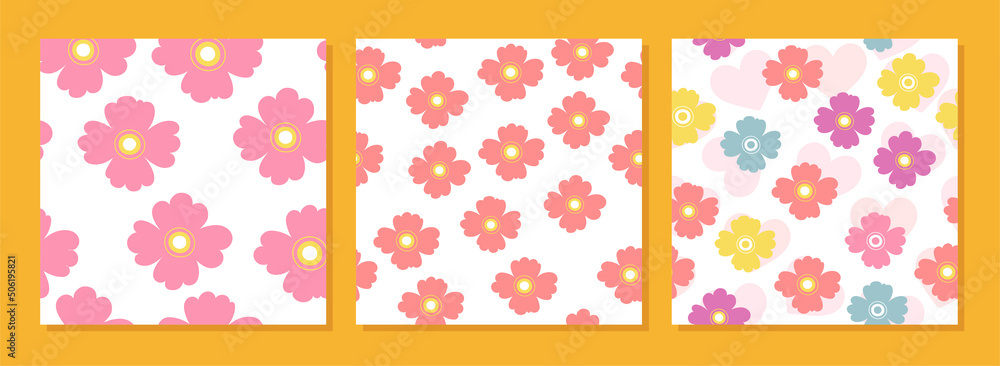 Simple floral seamless pattern in retro style orange and pink colors. Square posters with flowers, cover, wallpaper, template for print.