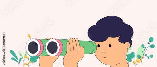Man in hands holds binoculars looking into distance. Concept of observation, discovery, vision and business development, growth and opportunity.