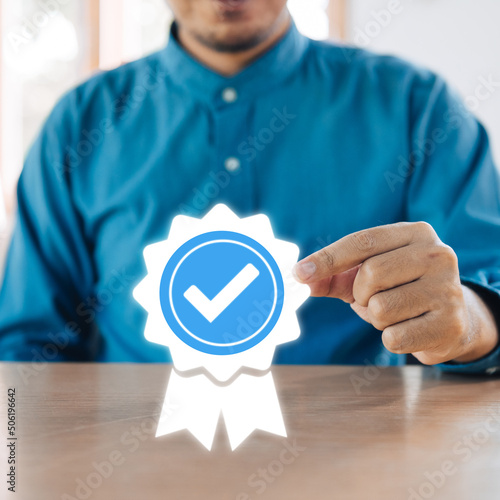 Square Certification and standardization process, iso certified business, conformity to international standards and quality assurance concept. Person touching certificate icon..