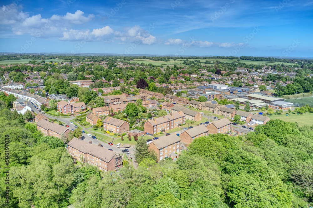 Hassocks Village and Parklands Road plus Downlands Community School in West Sussex surrounded by beautiful countryside, Aerial Photo.