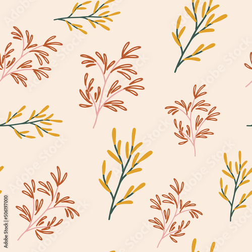 Leaves in Scandinavian style seamless pattern. Vector illustration for fabric design, gift paper, baby clothes, textiles, cards.