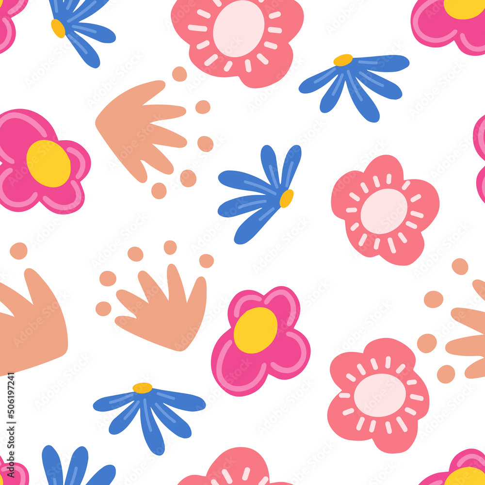 Flowers and leaf seamless pattern. Scandinavian style background. Vector illustration for fabric design, gift paper, baby clothes, textiles, cards Flowers and leaf seamless pattern. Scandinavian style background. Vector illustration for fabric design, gift paper, baby clothes, textiles, cards