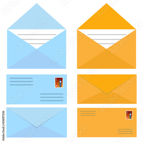 Yellow and colored mail icon set in flat design style. jpeg image illustration isolated on white background.Open and closed envelope. jpg icon in flat design style Closed, open with a message e-mail