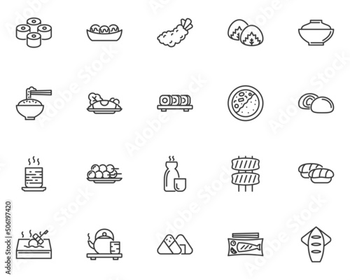 set of japanese food line icons, asian food, restaurant