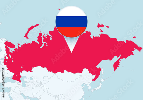 Asia with selected Russia map and Russia flag icon.