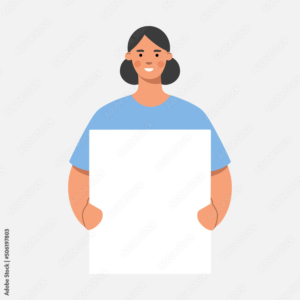 Woman holding a white blank board, poster, banner. Business presentation, sale offer or advertising concept. Flat vector illustration. Woman holding a white blank board, poster, banner. Business presentation, sale offer or advertising concept. Flat vector illustration.