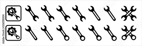 Wench icon set. Crossed wrench tool with ratchet vector icon set. Symbol and sign of mechanic job, technical, setup, setting, construction. Vector stock simple flat illustration.