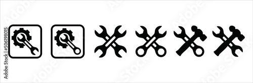 Wench and hammer icon set. Crossed wrench tool with ratchet vector icon set. Symbol and sign of mechanic job, technical, setup, setting, construction. Vector stock simple flat illustration.