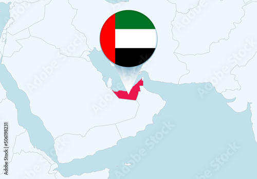 Asia with selected United Arab Emirates map and United Arab Emirates flag icon.