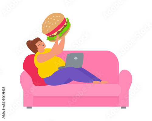 gluttony fat obese woman eating large burger lying on the sofa with laptop vector illustration