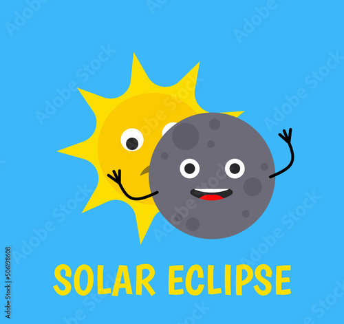 solar eclipse cute cartoon character sun and moon vector illustration