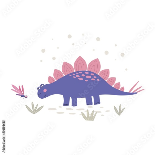 Cute dinosaur with butterfly vector illustrations. Cartoon characters isolated on white background