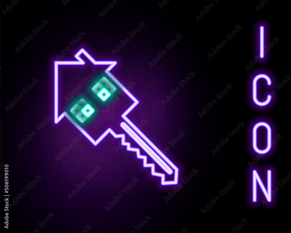 Glowing neon line House with key icon isolated on black background. The concept of the house turnkey. Colorful outline concept. Vector Glowing neon line House with key icon isolated on black background. The concept of the house turnkey. Colorful outline concept. Vector