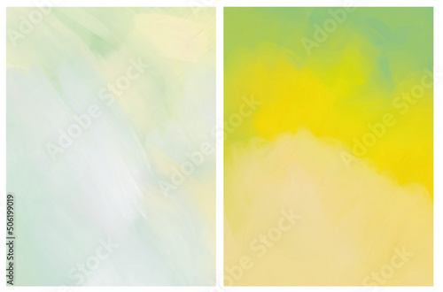Delicate Abstract Oil Painting Style Vector Layouts. Light Lime Green, White and Yellow Stains Background. Modern Bright and Pastel Color Vector Print Set ideal for Cover, Layout.