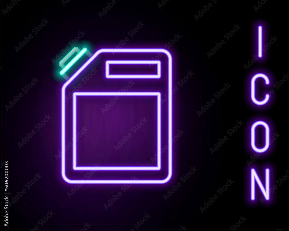 Glowing neon line Canister for gasoline icon isolated on black background. Diesel gas icon. Colorful outline concept. Vector Glowing neon line Canister for gasoline icon isolated on black background. Diesel gas icon. Colorful outline concept. Vector