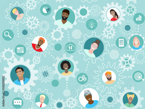 Corporate team working remotely online as a mechanism. Business communication vector seamless pattern. Diverse employees work together, international network, virtual office, freelance project group.