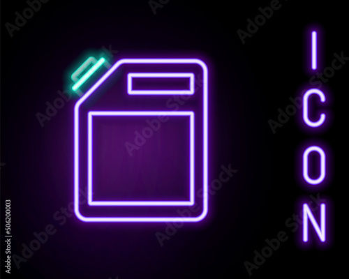 Glowing neon line Canister for gasoline icon isolated on black background. Diesel gas icon. Colorful outline concept. Vector
