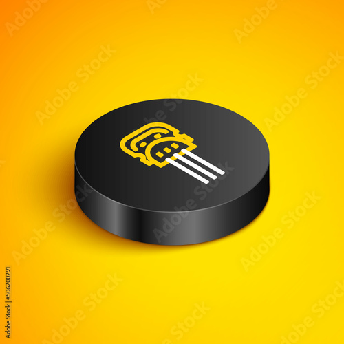 Isometric line Flamenco woman accessories icon isolated on yellow background. Peineta. Spanish comb. Black circle button. Vector