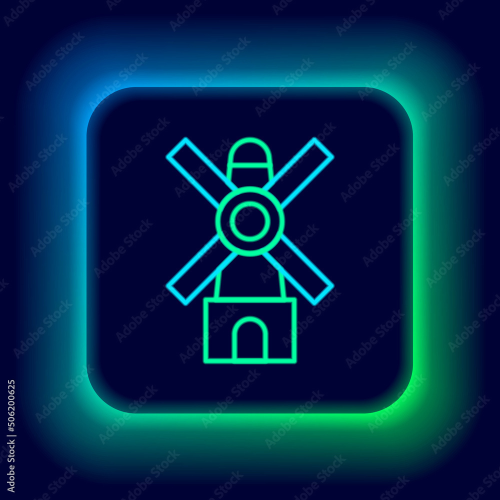 Glowing neon line Windmill icon isolated on black background. Colorful outline concept. Vector Glowing neon line Windmill icon isolated on black background. Colorful outline concept. Vector