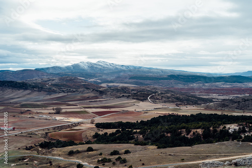 View of the peak Ocejon belonging to the mountain range of Ayllon in Guadalajara. Snowcapped peaks during wintertime