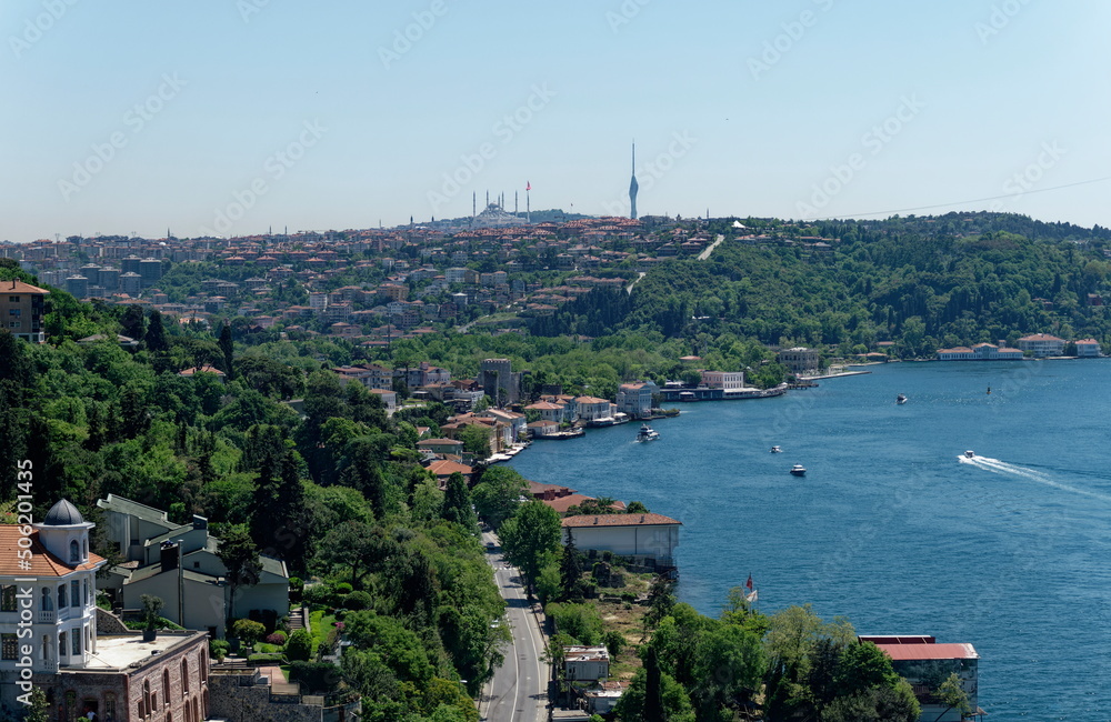 Sunny summer day Bosphorus Anatolian Side aerial view and landmark buildings view